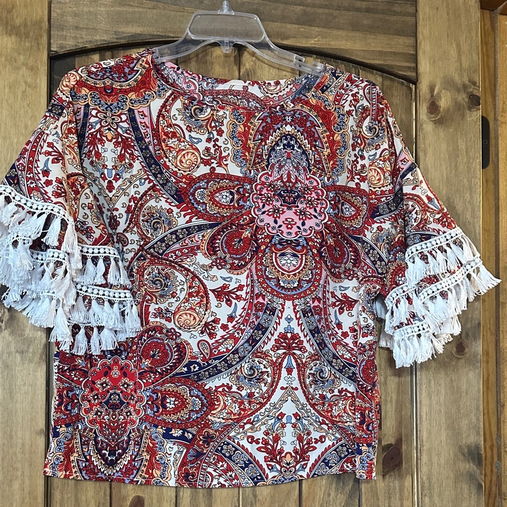 SHEIN Multicolor Paisley Blouse with Tassel Trim
